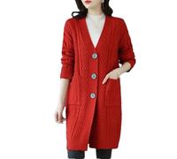 Tdvcpmkk Maglione da donna con scollo a V, casual, lavorato a maglia, caldo cardigan, Rosso, XL