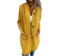 Tdvcpmkk Maglione da donna lavorato a maglia con cappuccio lungo pulsante ispessito cardigan tinta unita casual splicing giacca a maniche lunghe con tasche, Giallo, XL