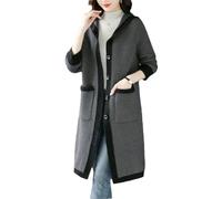 Tdvcpmkk Maglione lungo da donna con cappuccio, per autunno e inverno, cardigan lungo in lana, lavorato a maglia, stile casual, Grigio scuro, L