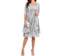 Tè Lunghezza Madre della Sposa Abiti Sposo Chiffon 2 Pezzi Sera Formale Nonna Abiti con Giacca ZM274, Argento, 46