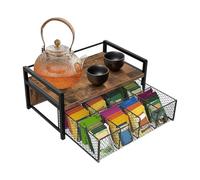 Tea Bag Organizer - Vintage Wood Grain Double Layer Desktop Storage Rack | Rustic Wrought Iron Multi-Compartment Box With Anti-Slip Base | Tea Bag Container - Kitchen Counter Dorm Living Room