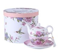 Tea for One - Set di teiera, Tazza e suacer Shaby Chic Flora Bird, Rosa e Farfalla, Confezione Regalo in Porcellana (Rosa)