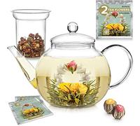 Teabloom Teiera in Vetro 2-in-1 per Fornello e Microonde con Infusore Rimovibile per Tè Sfuso - Include 2 Tè Fioriti - Bollitore e Teiera in Vetro Borosilicato