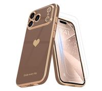 Teageo Compatibile con iPhone 17 Pro + 2 Pezzi Pellicola Protettiva, Custodia a Cuore per Ragazze Stile Galvanizzato TPU Morbido Protezione Fotocamera Antigraffio per iPhone 17 Pro, Oro Deserto