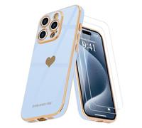 Teageo Custodia per iPhone 15 Pro Max con pellicola protettiva [2 pezzi] Ragazza Donne Carino Girly Love-Heart Luxury Gold Soft Cover protettiva in silicone antiurto Custodia per telefono iPhone 15