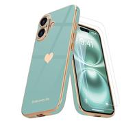 Teageo Custodia per iPhone 16 con pellicola protettiva [2 pezzi] Ragazza Donne Carino Girly Love-Heart Luxury Gold Soft Cover Protezione Della Fotocamera Bumper Silicone Antiurto Custodia per telefono