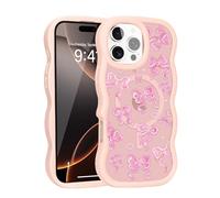 Teageo Custodia per iPhone 16 Pro compatibile con magsafe per donne e ragazze, graziosa cornice ondulata riccia amore cuore protezione per fotocamera antiurto custodia per telefono onda, fiocco