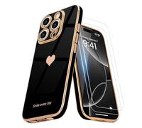 Teageo Custodia per iPhone 16 Pro con pellicola protettiva [2 pezzi] Ragazza Donne Carino Girly Love-Heart Luxury Gold Soft Cover protettiva per fotocamera in silicone antiurto Custodia per iPhone 16