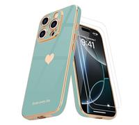 Teageo Custodia per iPhone 16 Pro Max con pellicola protettiva [2 pezzi] Ragazza Donne Carino Girly Love-Heart Luxury Gold Soft Cover protettiva per fotocamera in silicone antiurto Custodia per