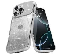 Teageo Wellen Rahmenform Handyhülle für iPhone 16 Pro, Mädchen Stilvoll Curly Wellen Form Schutzhülle Galvanisierte Glitzer TPU Kameraschutz Kratzfest Hülle für iPhone 16 Pro, Silber