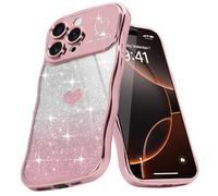 Teageo Wellen Rahmenform Handyhülle für iPhone 16 Pro, Mädchen Stilvoll Curly Wellen Form Schutzhülle Galvanisierte Glitzer TPU Kameraschutz Kratzfest Hülle für iPhone 16 Pro, Rotgold