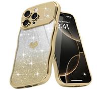 Teageo Wellen Rahmenform Handyhülle für iPhone 16 Pro, Mädchen Stilvoll Curly Wellen Form Schutzhülle Galvanisierte Glitzer TPU Kameraschutz Kratzfest Hülle für iPhone 16 Pro, Golden