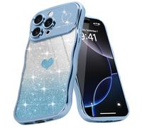 Teageo Wellen Rahmenform Handyhülle für iPhone 16 Pro, Mädchen Stilvoll Curly Wellen Form Schutzhülle Galvanisierte Glitzer TPU Kameraschutz Kratzfest Hülle für iPhone 16 Pro, Sierra Blau