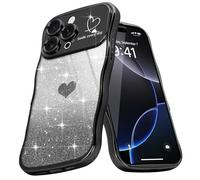 Teageo Wellen Rahmenform Handyhülle für iPhone 16 Pro Max, Mädchen Stilvoll Curly Wellen Form Schutzhülle Galvanisierte Glitzer TPU Kameraschutz Kratzfest Hülle für iPhone 16 Pro Max, Schwarz