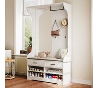 Teahutty Appendiabiti con panca per scarpe, guardaroba, scarpiera, set appendiabiti con 4 ganci e specchi, appendiabiti da corridoio con aste e ripiano, elegante guardaroba compatto (bianco, 104 x 35