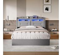 Teahutty Letto 140 x 190 con cassaforte, letto imbottito per 2 persone con illuminazione a LED e porta USB, cornice per letti matrimoniali per adulti adolescenti, con testiera del letto, lino (grigio