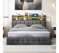 Teahutty Letto baule 140 x 200 con LED e porte USB, letto matrimoniale imbottito con idraulica Conservazione, con rete a doghe e testiera (grigio, 140 x 200)