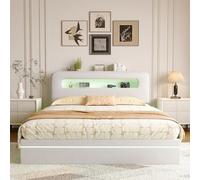 Teahutty Letto matrimoniale imbottito 160 x 200 cm, letto idraulico, con cassapanca e rete a doghe, struttura per letto con LED, telaio del letto con vano testata, senza materasso (beige, 160 x 200)