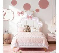 Teahutty Letto per bambini 90 x 200 cm, letto per bambini imbottito con luce regolabile, per ragazza adolescente con testa di fiore e rete a doghe in legno (bianco, 90 x 200 cm)