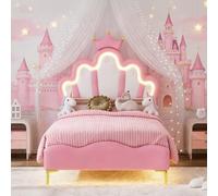 Teahutty Letto per bambini 90 x 200 cm, letto per bambini imbottito con luce regolabile, per ragazza adolescente con testa di fiore e rete a doghe, rete a doghe in legno (rosa, 90 x 200 cm)