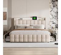 Teahutty Letto portaoggetti 140 x 200 cm con 4 cassetti, letto matrimoniale a LED con rete a doghe in metallo e USB, per adulti e ragazzi, senza materasso (beige, 140 x 200 cm)
