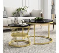 Teahutty Set di 2 tavolini rotondi, con gambe in metallo dorato e piano in marmo con motivo moderno, per uso versatile in soggiorno e camera da letto