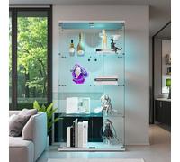 Teahutty Vetrina in vetro con 4 ripiani con luci, 2 ante, vetrina con pavimento in legno, vetrina autoportante in vetro, per oggetti da collezione, ibri e vini (Bianco, 2 porte + 4 piani + LED（B）)