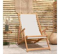 Teak Wood Folding Beach Chair Cream - Portable Reclining Lounge Chair for Outdoor, Garden, Poolside - Adjustable Backrest with Comfortable Fabric - Weather Resistant Solid Wood Design - Max Load 110kg