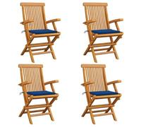 Teak Wood Garden Chairs with Royal Blue Cushions 4 Piece Set Foldable Outdoor Patio Furniture for Terrace Backyard Relaxation Durable Weather Resistant
