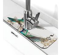 Teal Birds - Tappetino per rubinetto con note musicali per lavello da cucina, aggiornamento premium 2025: diatomite super assorbente, ad asciugatura rapida, con ventosa lavabile, paraspruzzi per