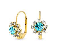 Teal blu e bianco fiore di cristallo 18K placcato oro ottone leva indietro orecchini per le donne simulato acquamarina