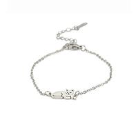 TEAMER Bracciale Gatto in Acciaio Inox mezzaluna Bracciale Gatto Carino Mentire Doppio Strato Perline Catena Gioielli Gatto Amante per le Donne(Gatto sdraiato - Argento)