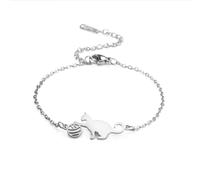 TEAMER Bracciale Gatto in Acciaio Inox mezzaluna Bracciale Gatto e palla Carino Mentire Doppio Strato Perline Catena Gioielli Gatto Amante per le Donne (Gatto e palla - Argento)