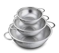 TEAMFAR Set di 3 colino da cucina in acciaio inox micro-perforato con manici, scolapasta per tagliatelle, frutta, riso, verdura, sano e lucido, lavabile in lavastoviglie - 16/22/28 cm