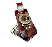 Teampunk - Orologio da polso in ottone con bussola e meridiana, con cinturino in pelle