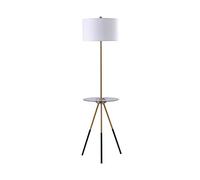 Teamson Home Myra Lampada da Terra Treppiede con Porta USB Integrata e Tavolo in Vetro, Lampada da Terra Alta con Paralume Bianco per Tamburo, Illuminazione Moderna per Soggiorno