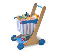 Teamson Kids Carrello della Spesa Little Helper Mr. Fresh, Gioco di Ruolo, per Bambini dai 3 Anni, 44,6x32,4x60 cm, Blu, Legno, con 13 Alimenti e Cestino in Tessuto, 2,4 kg