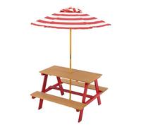 Teamson Kids Dakota Tavolo da picnic in legno con ombrellone a righe - Tavolo da gioco e panche da giardino per bambini, rosso