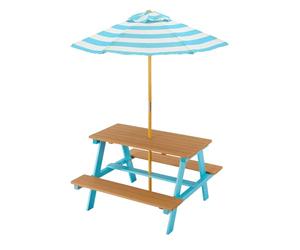 Teamson Kids Dakota Tavolo da picnic in legno con ombrellone blu