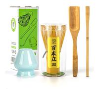 TEANAGOO 4 Pezzi Kit Matcha, frusta per Matcha (Chasen), misurino tradizionale (Chashaku), cucchiaio da tè, supporto per frusta in celadon blu, I2, il set perfetto per
