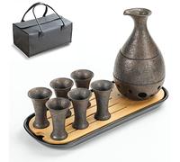 TEANAGOO Caraffa tradizionale giapponese, per sake (170 ml) con 6 bicchieri per sake (25 m) per vino di riso giapponese caldo o freddo con servire vassoio Bambo, set regalo 10 pezzi/set, saki