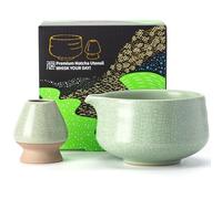 TEANAGOO Ciotola per Matcha con beccuccio, set di ciotole in ceramica e supporto per frusta, 2 pezzi Macha Chawan da 510 ml, verde chiaro opaco con cuciture nere con supporto, ciotola da tè verde, set
