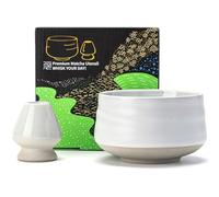 TEANAGOO Ciotola per Matcha con beccuccio, set di ciotole in ceramica e supporto per frusta, 2 pezzi Macha Chawan 510 ml, tazza bianca avorio con supporto, ciotola da tè verde, set regalo per amanti