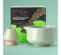TEANAGOO Ciotola per Matcha con beccuccio, set di ciotole in ceramica e supporto per frusta, 2 pezzi Macha Chawan da 510 ml, verde chiaro opaco con cuciture nere con supporto, ciotola da tè verde, set