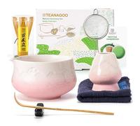TEANAGOO MATCHA KIT, Matcha Set rosa, Matcha Cerimoniale, set per preparare il latte al tè matcha, set con frusta e ciotola con cucchiaio e setaccio, ciotola in ceramica con design Fuji,