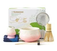 TEANAGOO MATCHA KIT, Matcha Set rosa, Matcha Cerimoniale, set per preparare il latte al tè matcha, set con frusta e ciotola con cucchiaio e setaccio, ciotola in ceramica con design Fuji,