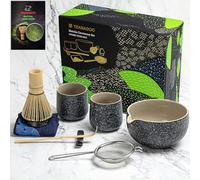 TEANAGOO Matcha Set Matcha Whisk Matcha Bowl with Pouring Spout Scoop Matcha Whisk Holder Tea Making Kit. 1 set da tè giapponese (7 pezzi) + 2 tazze (7,2 oz), S1, grigio antracite