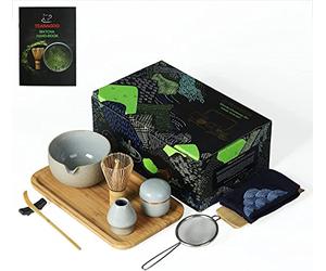 TEANAGOO Set Cerimonia Matcha con vassoio, Servizio da tè giapponese, Ciotola Matcha con beccuccio, Frusta Matcha Bamboo, Paletta, Setaccio, Porta Frullino Matcha, Lattina in polvere, O2, Dk.Grey