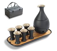 TEANAGOO Set da Sake Tradizionale Giapponese, Caraffa da Sake (170 ML) con 6 Tazze da Sake (25 ML) per Liquore Soju Giapponese Caldo o Freddo con Set di Vassoi Bambo da Portata 10 pz/set