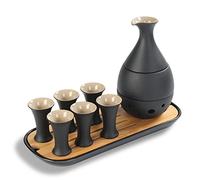 TEANAGOO Set da Sake Tradizionale Giapponese, Caraffa da Sake (170 ML) con 6 Tazze da Sake (25 ML) per Liquore Soju Giapponese Caldo o Freddo con Set di Vassoi Bambo da Portata 10 pz/set